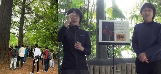 2枚の画像が1枚にまとめられている。左の写真は植物園での授業。右の写真は手話を併用した植物解説