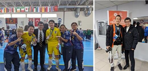 真左は、フットサル選手と大杉との集合写真、写真右は、宮腰さん(左)と大杉の記念写真