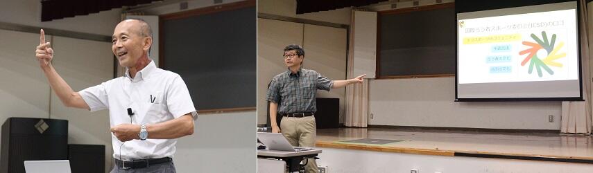写真左は説明会で挨拶する石原学長、写真右はデフリンピック概要について説明する大杉教授