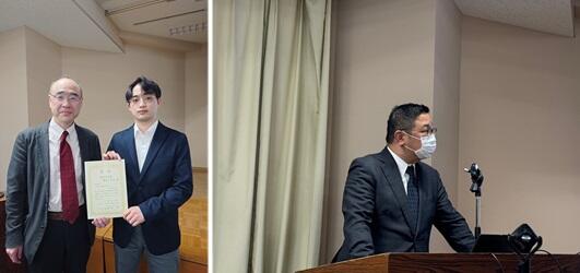 写真左は、最優秀発表賞を受賞した陣内さん（右）と鮎澤センター長（右）、写真右は高久医師のご講演の様子