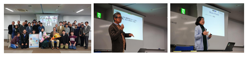 3枚の画像のコラージュ。各先生の講義の様子と集合写真