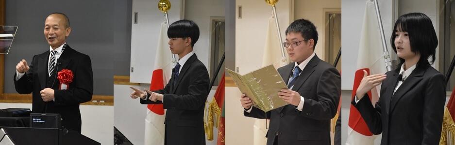 左から式辞を述べる石原学長、入学宣誓をする原田さん、石川さん、小林さん