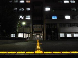夜間のロータリーから見た校舎棟。フラッシュラインの光が玄関まで誘導している。