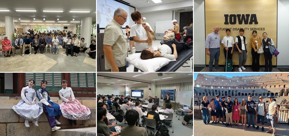 写真左上はギャローデット大学学長来訪時の学生交流会における集合写真、中央上はアイオワ大学理学療法学科での授業体験の様子、右上はアイオワ大学障害学生支援サービスでの研修参加者の集合写真、左下は韓国研修での異文化(韓服)体験の様子、中央下はギャローデット大学教員による国際交流講演会の様子、右下はイタリア・ローマでの欧州研修参加者の集合写真